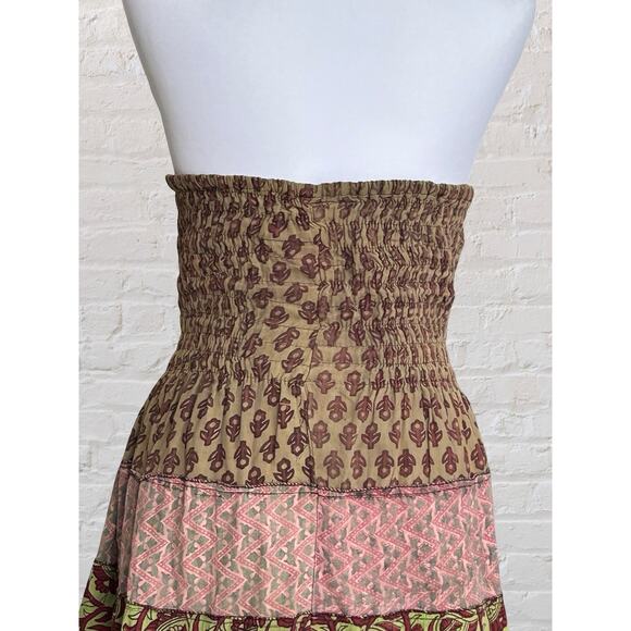 Culture Shop Brown Boho Patchwork Smoked Strapless Dress Sz L Bohemian Hippie - Picture 6 of 9